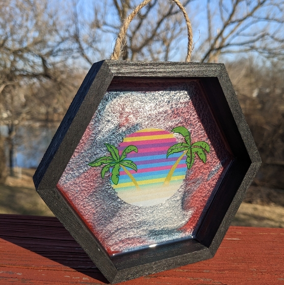 ๐ดSOLD๐ด Beach Palm Trees Wall Hanging Handmade Art Ocean Shadow Box Wood Canvas - Picture 4 of 9